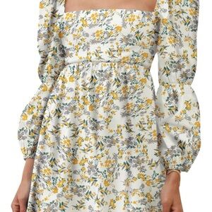 Chic Long Sleeve Floral Dress in Yellow and Gray